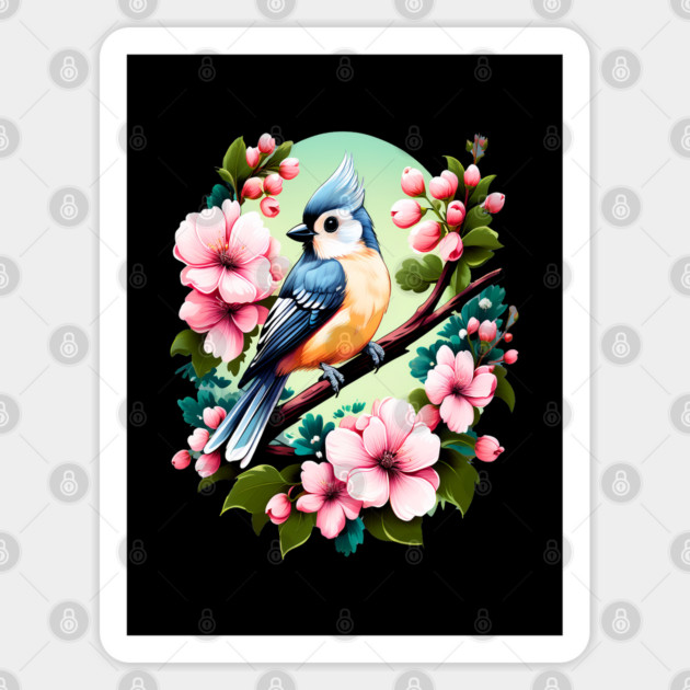 Cute Tufted Titmouse Surrounded by Vibrant Spring Flowers Sticker by BirdsnStuff