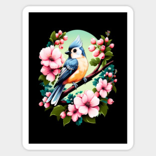 Cute Tufted Titmouse Surrounded by Vibrant Spring Flowers Magnet