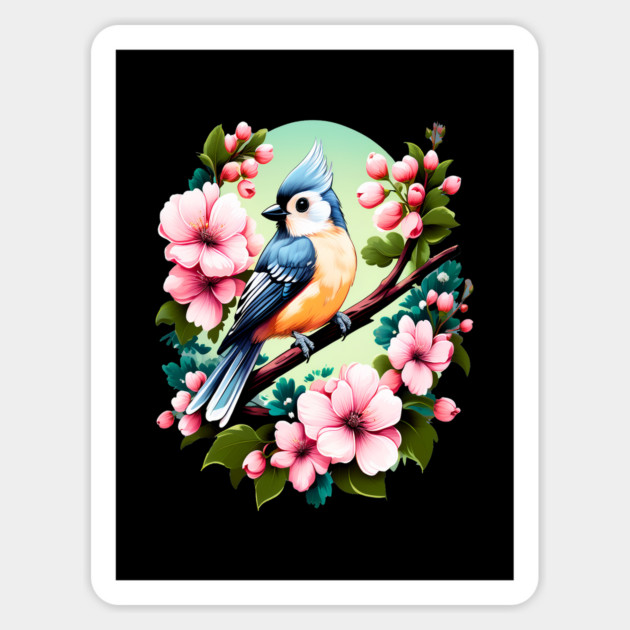 Cute Tufted Titmouse Surrounded by Vibrant Spring Flowers Magnet by BirdsnStuff