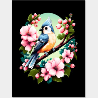 Cute Tufted Titmouse Surrounded by Vibrant Spring Flowers Posters and Art