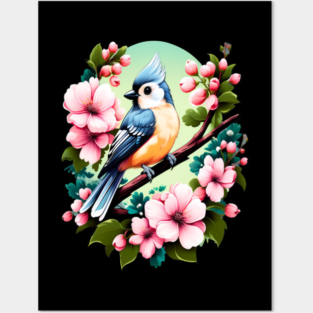 Cute Tufted Titmouse Surrounded by Vibrant Spring Flowers Wall Art by BirdsnStuff