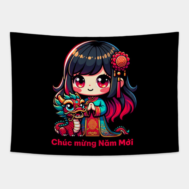 Vietnamese New Year Girl & Red Dragon Tapestry by HolidayBug