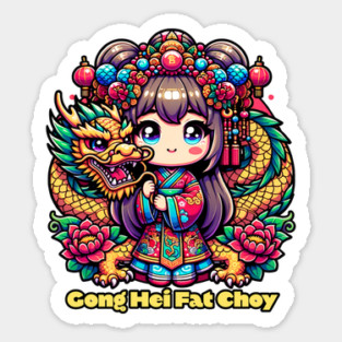 Chinese New Year Girl, Dragon, Flowers Sticker