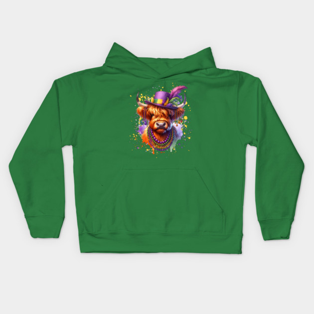 Mardi Gras Highland Cow Kids Hoodie by HolidayBug