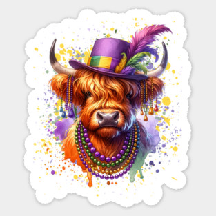 Mardi Gras Highland Cow Sticker