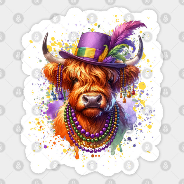 Mardi Gras Highland Cow Sticker by HolidayBug