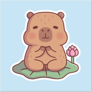 Cute Capybara Meditating On Lotus Leaf Posters and Art