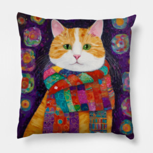 Gustav Klimt Style Painting of a Tabby Cat with Green Eyes Pillow