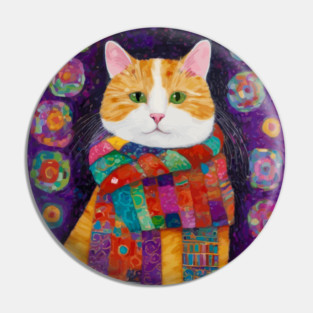 Gustav Klimt Style Painting of a Tabby Cat with Green Eyes Pin