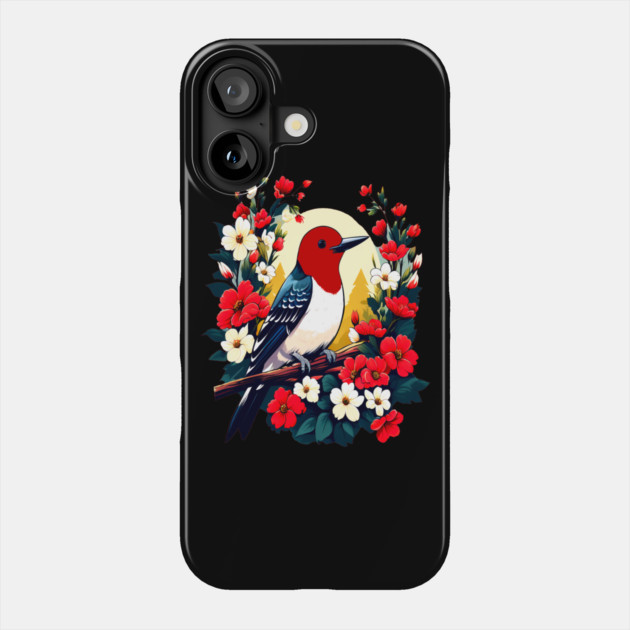 Cute Red Headed Woodpecker Surrounded by Vibrant Flowers Phone Case by BirdsnStuff