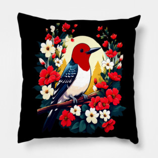 Cute Red Headed Woodpecker Surrounded by Vibrant Flowers Pillow