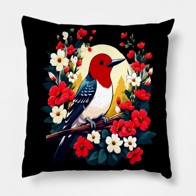 Cute Red Headed Woodpecker Surrounded by Vibrant Flowers Pillow by BirdsnStuff
