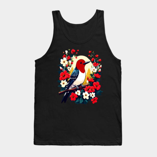 Cute Red Headed Woodpecker Surrounded by Vibrant Flowers Tank Top by BirdsnStuff