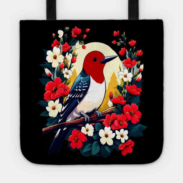 Cute Red Headed Woodpecker Surrounded by Vibrant Flowers Tote by BirdsnStuff