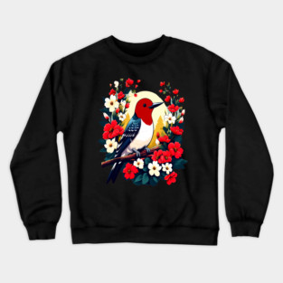 Cute Red Headed Woodpecker Surrounded by Vibrant Flowers Crewneck Sweatshirt