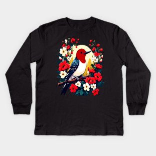 Cute Red Headed Woodpecker Surrounded by Vibrant Flowers Kids Long Sleeve T-Shirt
