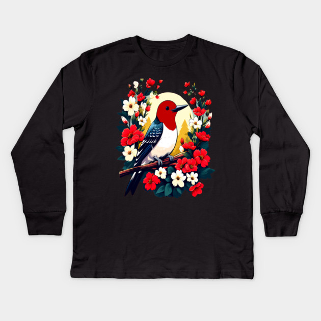 Cute Red Headed Woodpecker Surrounded by Vibrant Flowers Kids Long Sleeve T-Shirt by BirdsnStuff