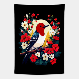Cute Red Headed Woodpecker Surrounded by Vibrant Flowers Tapestry