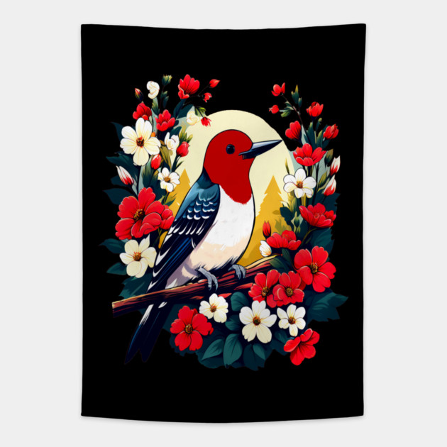 Cute Red Headed Woodpecker Surrounded by Vibrant Flowers Tapestry by BirdsnStuff