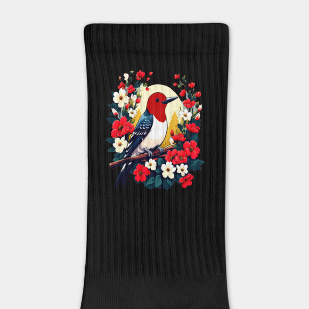 Cute Red Headed Woodpecker Surrounded by Vibrant Flowers by BirdsnStuff