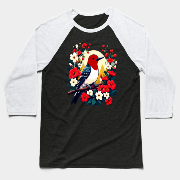 Cute Red Headed Woodpecker Surrounded by Vibrant Flowers Baseball T-Shirt by BirdsnStuff