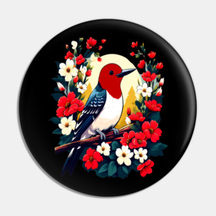Cute Red Headed Woodpecker Surrounded by Vibrant Flowers Pin
