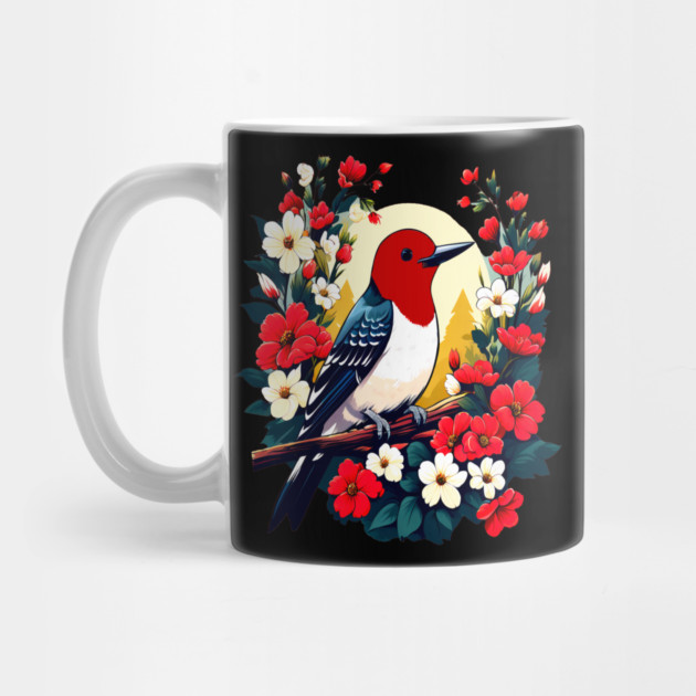 Cute Red Headed Woodpecker Surrounded by Vibrant Flowers by BirdsnStuff