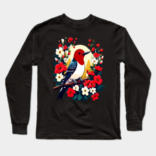 Cute Red Headed Woodpecker Surrounded by Vibrant Flowers Long Sleeve T-Shirt