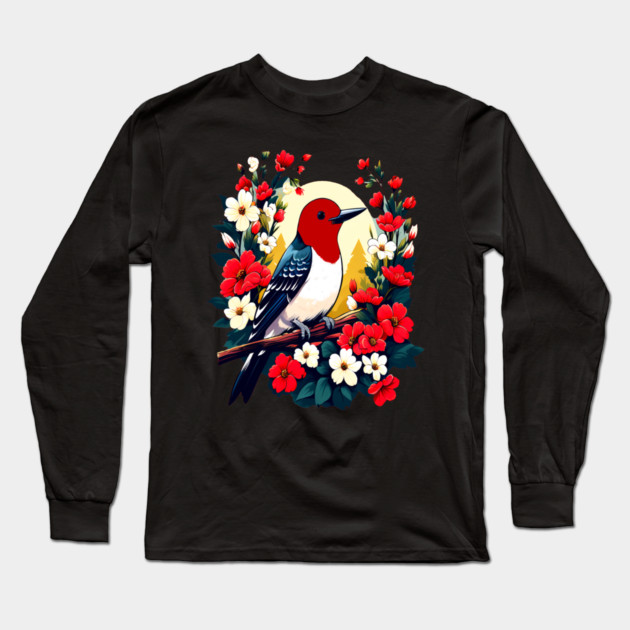 Cute Red Headed Woodpecker Surrounded by Vibrant Flowers Long Sleeve T-Shirt by BirdsnStuff