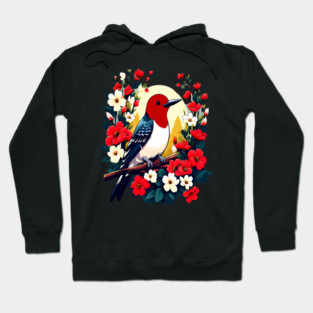 Cute Red Headed Woodpecker Surrounded by Vibrant Flowers Hoodie