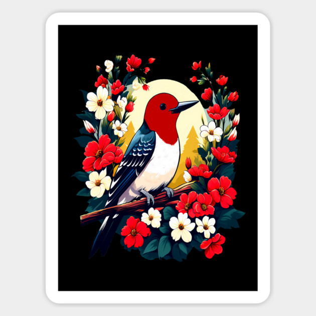 Cute Red Headed Woodpecker Surrounded by Vibrant Flowers Magnet by BirdsnStuff