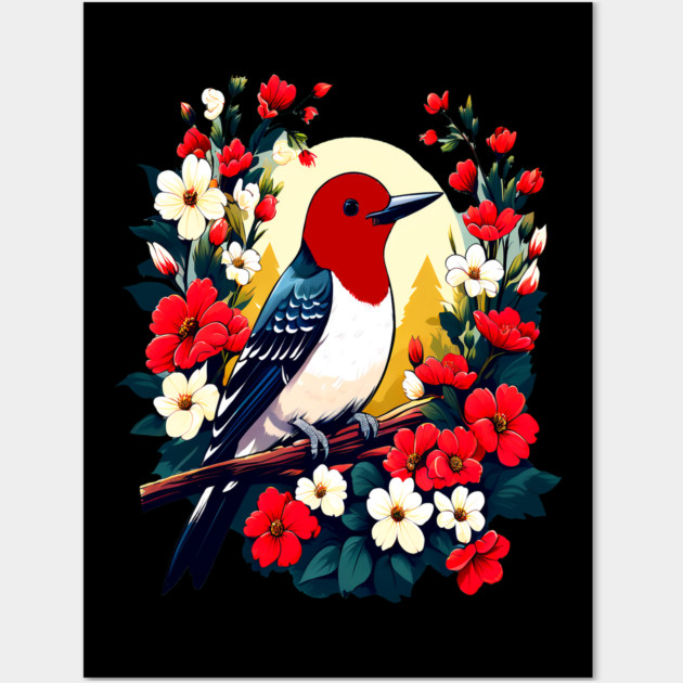 Cute Red Headed Woodpecker Surrounded by Vibrant Flowers Wall Art by BirdsnStuff