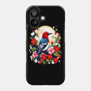 Cute Red Headed Woodpecker Surrounded by Vibrant Flowers Phone Case