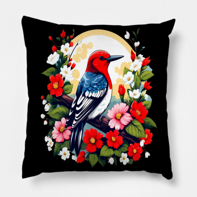 Cute Red Headed Woodpecker Surrounded by Vibrant Flowers Pillow by BirdsnStuff