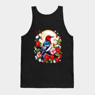 Cute Red Headed Woodpecker Surrounded by Vibrant Flowers Tank Top
