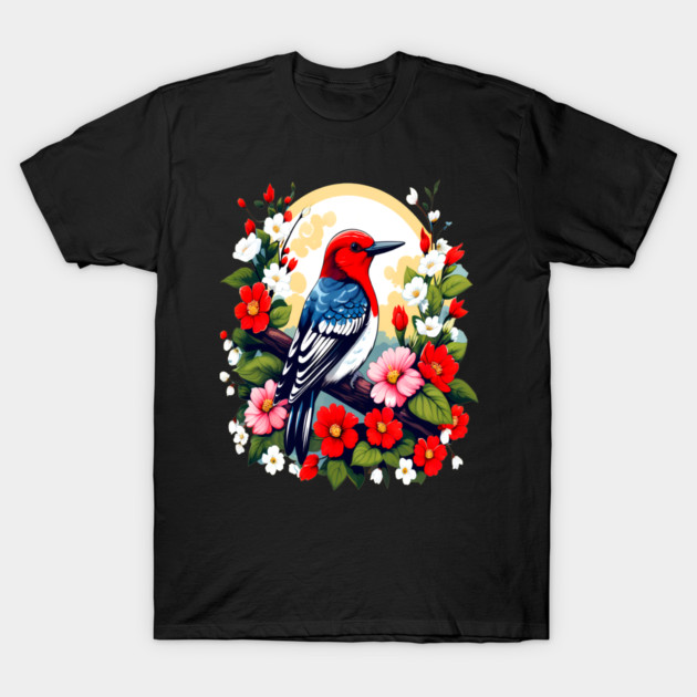 Cute Red Headed Woodpecker Surrounded by Vibrant Flowers T-Shirt by BirdsnStuff