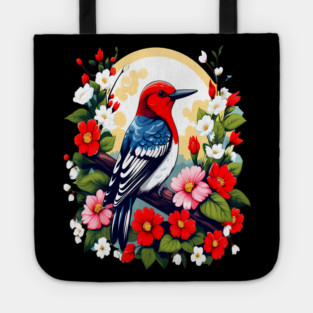 Cute Red Headed Woodpecker Surrounded by Vibrant Flowers Tote