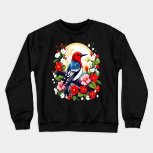 Cute Red Headed Woodpecker Surrounded by Vibrant Flowers Crewneck Sweatshirt