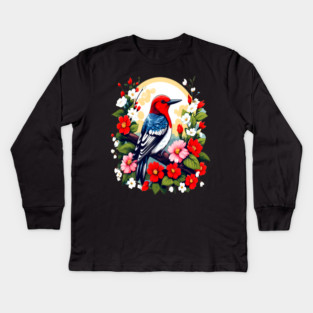 Cute Red Headed Woodpecker Surrounded by Vibrant Flowers Kids Long Sleeve T-Shirt