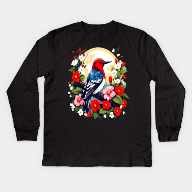 Cute Red Headed Woodpecker Surrounded by Vibrant Flowers Kids Long Sleeve T-Shirt by BirdsnStuff