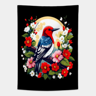 Cute Red Headed Woodpecker Surrounded by Vibrant Flowers Tapestry