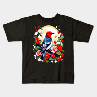 Cute Red Headed Woodpecker Surrounded by Vibrant Flowers Kids T-Shirt