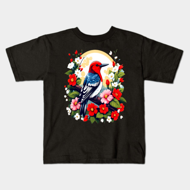 Cute Red Headed Woodpecker Surrounded by Vibrant Flowers Kids T-Shirt by BirdsnStuff