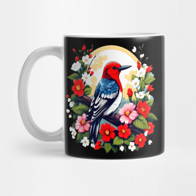 Cute Red Headed Woodpecker Surrounded by Vibrant Flowers by BirdsnStuff
