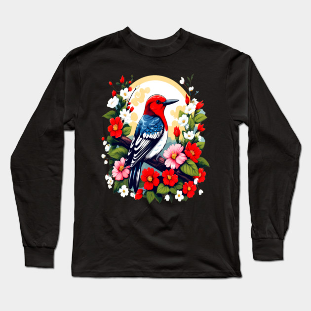 Cute Red Headed Woodpecker Surrounded by Vibrant Flowers Long Sleeve T-Shirt by BirdsnStuff