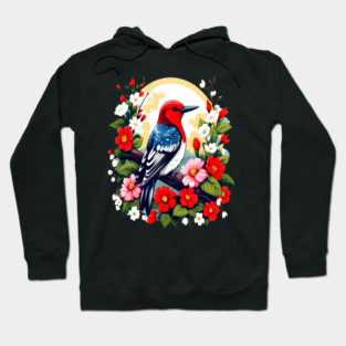 Cute Red Headed Woodpecker Surrounded by Vibrant Flowers Hoodie
