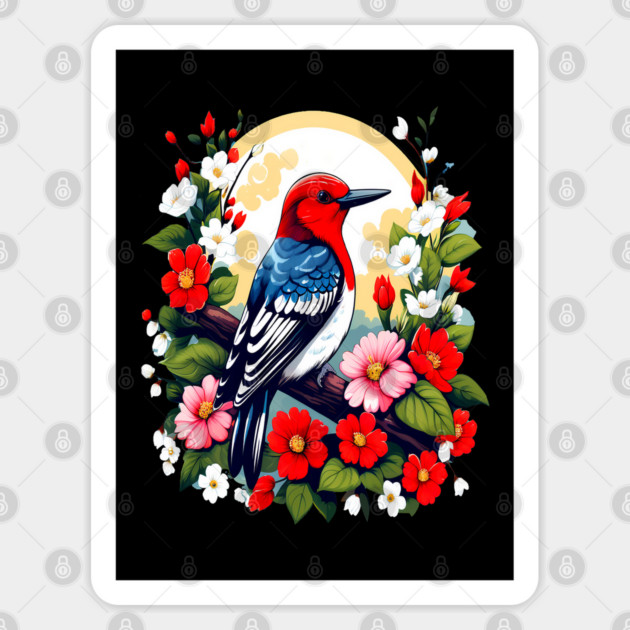 Cute Red Headed Woodpecker Surrounded by Vibrant Flowers Sticker by BirdsnStuff