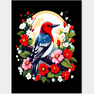 Cute Red Headed Woodpecker Surrounded by Vibrant Flowers Posters and Art
