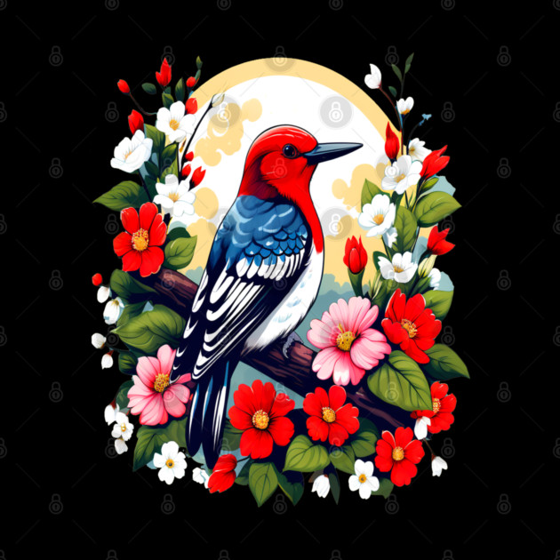 Cute Red Headed Woodpecker Surrounded by Vibrant Flowers by BirdsnStuff