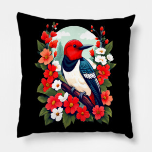 Cute Red Headed Woodpecker Surrounded by Vibrant Flowers Pillow